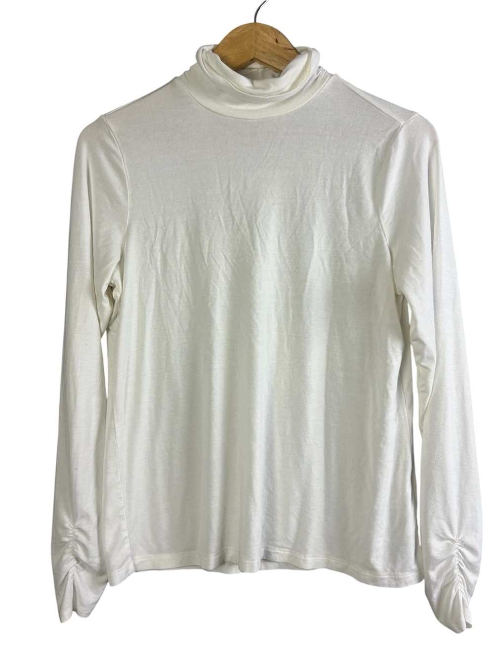 Chico's Cream Ruched Sleeve Turtleneck Top Size 1 M Mock Neck
